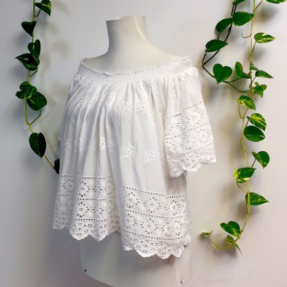 White Cotton Eyelet Lace Cropped Peasant Crop Top Blouse Boho Forever 21